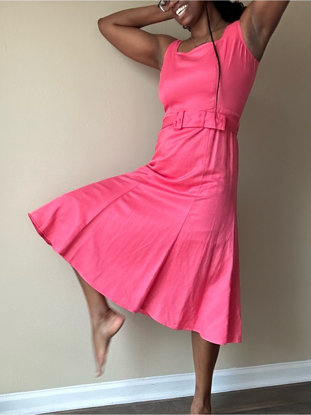 Ann Taylor Pink Belted Linen Blend Relaxed Fit Midi Dress Size 4